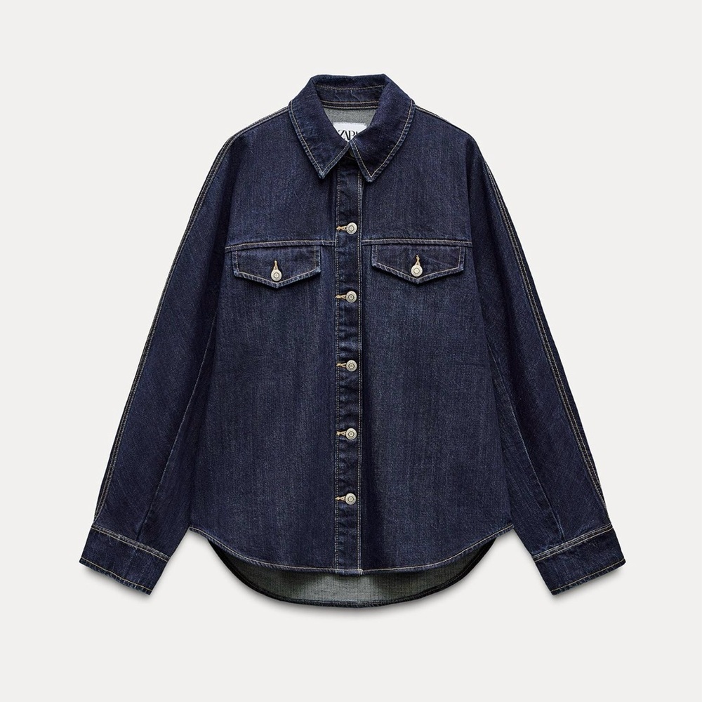 Zara Indigo Denim Trucker Jacket with Flap Pockets